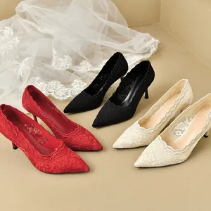 Zapatos de Salón Elegantes de Encaje Bordado para Mujer Punta Fina Stiletto Tacones Altos Elegante Malla Calada Boda Novia Borde Festoneado Zapatos Formales