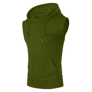 Ärmelloser Herren-Fitness-Hoodie in Olivgrün mit Kängurutasche und Mesh-Gewebe