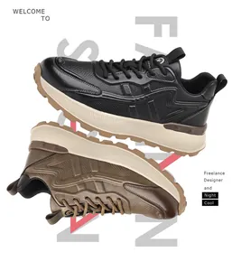 Men's lightweight athletic leather shoes with thick soles in black and brown colors