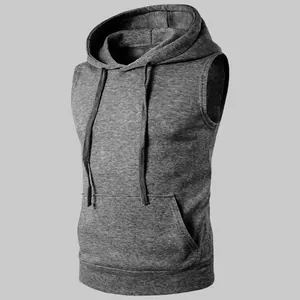 Dunkelgrauer ärmelloser Kapuzenpullover für Herren mit Kängurutasche für Fitness