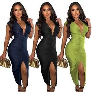 Three colors of sexy deep-V ruched bodycon midi dresses with front slit for women