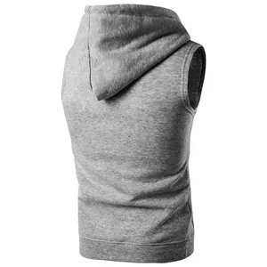Rückansicht eines grauen, schmal geschnittenen Herren Kapuzen Muskelshirts für Fitness.
