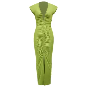 Detailed view of a sexy lime green deep V-neck ruched bodycon maxi dress for women