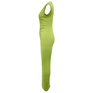 Side profile of a vibrant lime green ruched sleeveless bodycon maxi dress for women
