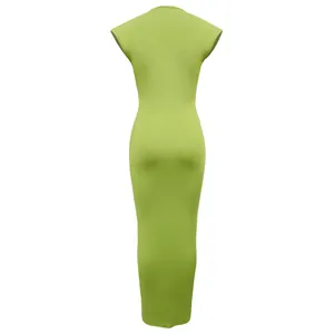 Back view of a lime green sleeveless bodycon maxi dress with a fitted silhouette