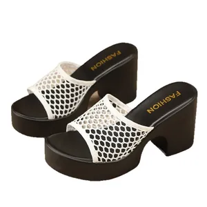 Women's stylish black platform wedge sandals featuring white honeycomb mesh knit uppers