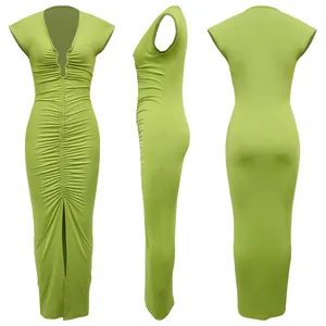 Front side and back view of a lime green deep V-neck ruched maxi dress with center slit