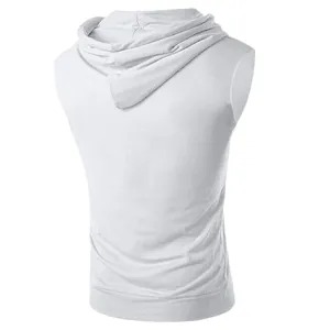 Rückansicht eines weißen ärmellosen Kapuzen-Sportshirts für Herren aus Mesh-Stoff