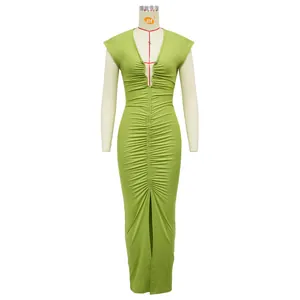 Front view of a lime green bodycon maxi dress with deep V-neck and ruched detail