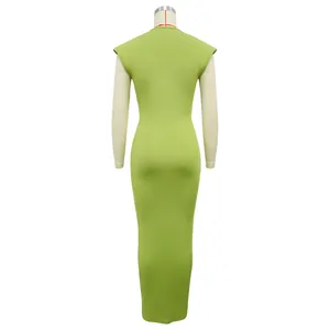 Detailed back view of a vibrant lime green sleeveless slim fit maxi dress on a mannequin
