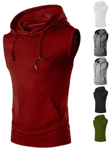Herren Sport Ärmelloser Hoodie Pullover Weste Polyester Gym Laufen Top Kängurutasche Einfarbig Kordelzug Kapuze Training