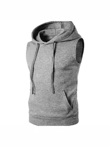 Grauer ärmelloser Herren-Kapuzenpullover mit Kängurutasche für Outdoor-Sport und Laufen