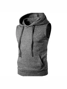 Herren Ärmelloses Kapuzenpullover Weste in Dunkelgrau meliert mit Kängurutasche für Sport