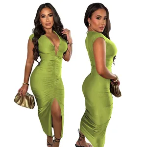Sexy lime green bodycon V-neck ruched midi dress with front slit detail for women