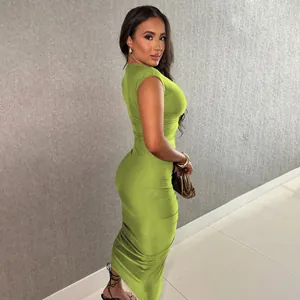 Full-length view of a vibrant lime green sleeveless bodycon dress on a fit model