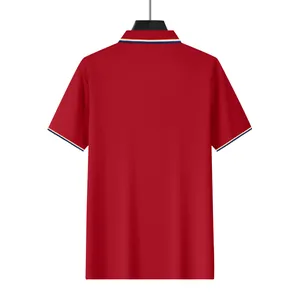 Back view of a red mesh men's quick-dry golf polo shirt featuring a striped collar
