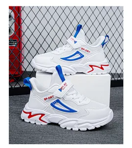 White breathable mesh children's sneakers featuring blue accents and hook-and-loop straps