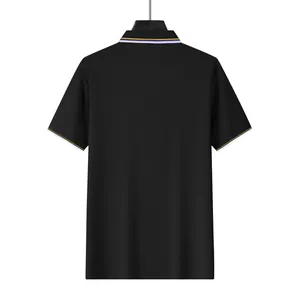 Back view of men's black quick-dry mesh golf polo shirt with striped collar and cuffs
