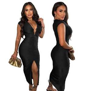 Elegant black V-neck ruched midi bodycon dress featuring a slit, shown from front and side angles