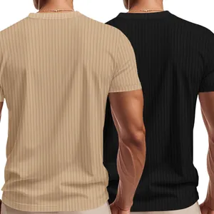 Rückansicht von sportlichen, schnell trocknenden Herren-Rippstrick-T-Shirts in Khaki und Schwarz