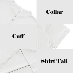 Detaillierte Ansichten von Kragen, Ärmelbündchen und Saum des gerippten Herren Henley-Shirts
