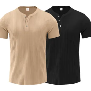 Zweierpack Herren Henley-Kurzarmshirts mit Rippenmuster in Khaki und Schwarz mit Knöpfen