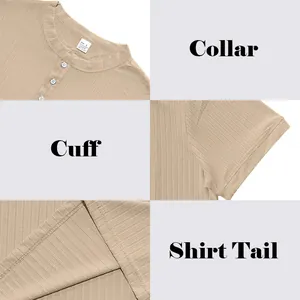 Detailansicht von geripptem Herren Henley-Shirt mit Kragen-, Manschetten- und Saumdetails.