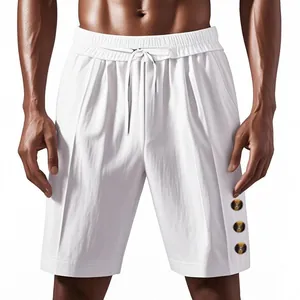 Men's Summer Linen Beach Shorts Elastic Waist Drawstring Solid Color Casual Sport Shorts with Button Detail