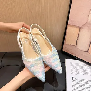 Elegant French lace mesh pointed-toe stilettos with colorful floral pattern and slingback strap