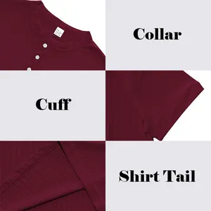 Detail-Collage mit Rippenstoff, Kragen, Manschette und Saum eines bordeauxroten Henley-Shirts