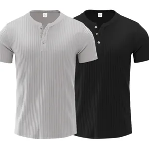 Zweierpack Herren-Henley-Shirts mit kurzen Ärmeln, gerippt, in Hellgrau und Schwarz