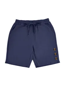 Front view of navy blue linen shorts featuring a drawstring waist and button details
