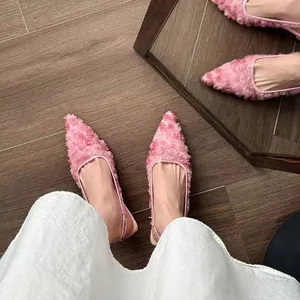 Elegant French style pink 3D lace flower pointed toe slingback high heel shoes