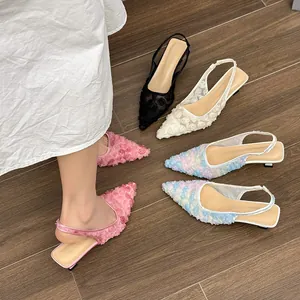French Style Lace Mesh Floral Pointed Toe High Heel Sandals Slingback Stiletto Heels Sexy Summer Elegant Women Shoes