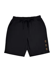 Close-up detail of men's black linen casual shorts featuring decorative side buttons and drawstring