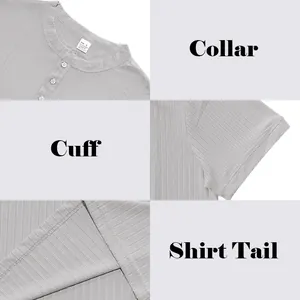 Makrodetails von Kragen, Ärmel und Saum eines grauen Henley-Shirts für Herren mit Rippstrick