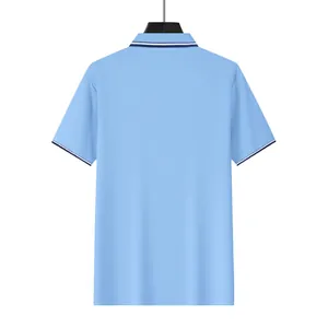 Back view of a light blue men's polo shirt featuring navy striped collar and cuffs detail