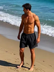 Detailed view of men's black linen beach shorts featuring drawstring waist design