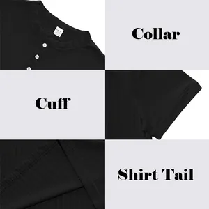 Detailansicht von Kragen, Manschette und Saum eines schwarzen Herren-Henley-Shirts