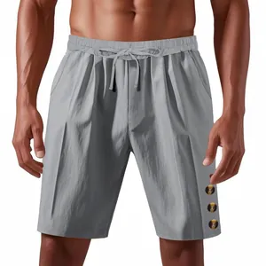 Men's loose linen shorts with drawstring and decorative buttons for summer beach wear
