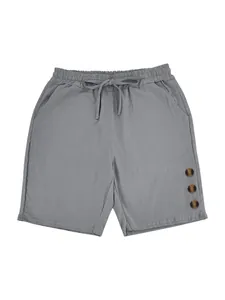 Gray men's casual linen shorts featuring a drawstring waist and side button details