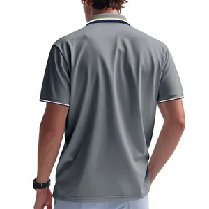 Back view of men's athletic grey quick-dry mesh Polo shirt with striped collar detail