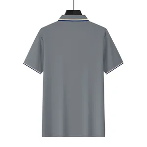 Back view of classic grey quick-dry men's mesh golf Polo shirt with striped collar and cuffs