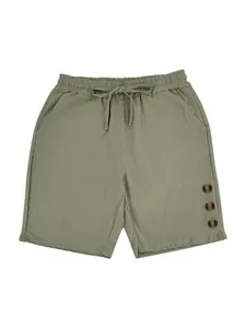 Men's loose linen casual shorts in olive green with drawstring waist and decorative buttons.