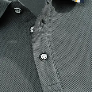 Close-up detail of three-button placket and striped collar on grey mesh polo shirt