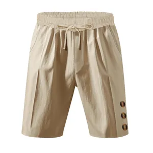 Casual men's summer linen shorts with drawstring waist and decorative side button detail