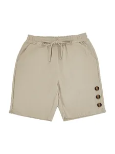 Comfortable men's loose linen shorts in khaki with drawstring waist and button details