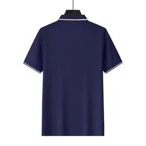 Back view of navy quick-dry polo shirt showing striped collar and sleeve details