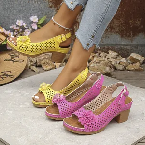 Women Chunky Heel Sandals European Fashion Laser Cutout 3D Flower Roman Sandals Ankle Buckle Strap Sandals Casual Summer High Heels