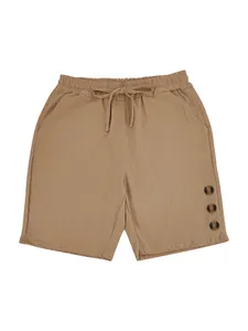 Close-up of men's casual khaki linen shorts with drawstring waist and side button details